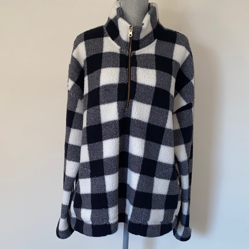 Cozy Sherpa Plaid Half-Zip Pullover Sweater Fleece Black & White Size XXL Tall